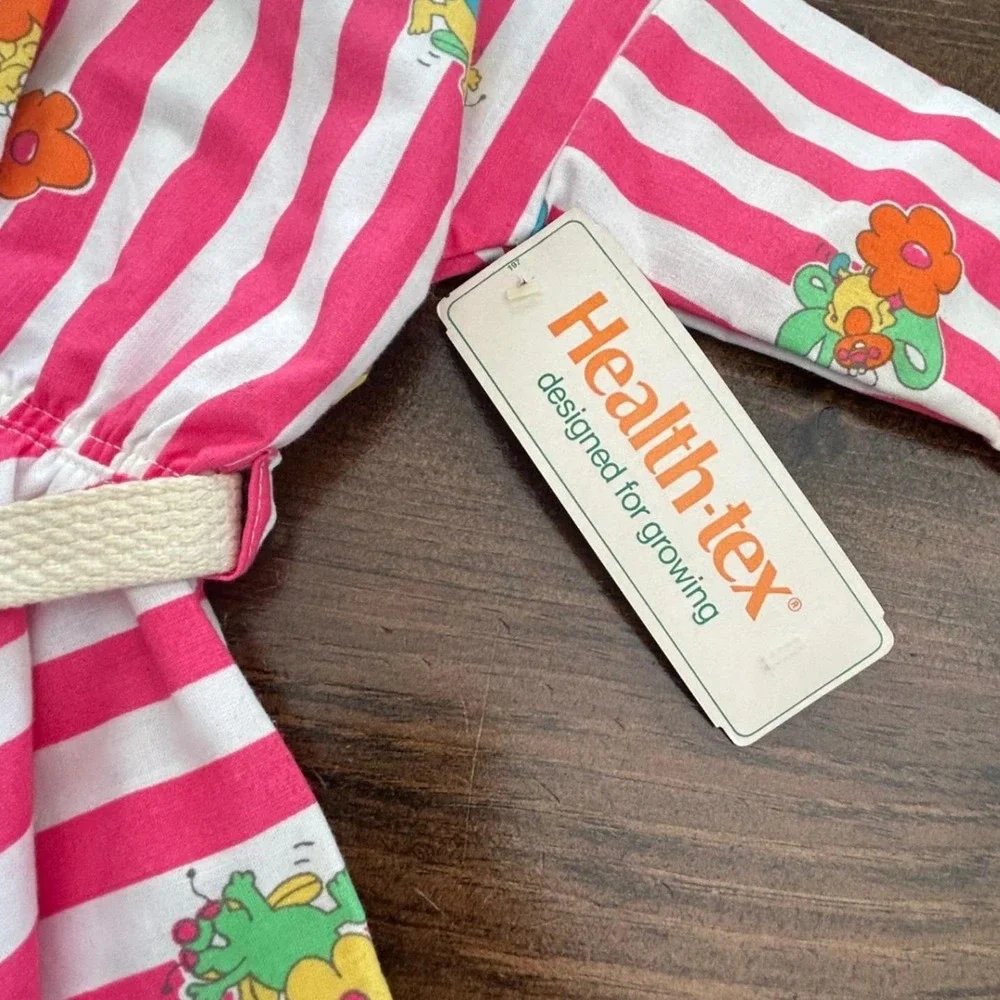 Vintage Health-tex Toddler Girls 2T Pink White Stripe Flower‎ Belted Shirt Dress